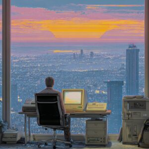Penthouse office overlooking glowing city at sunset with retro terminal