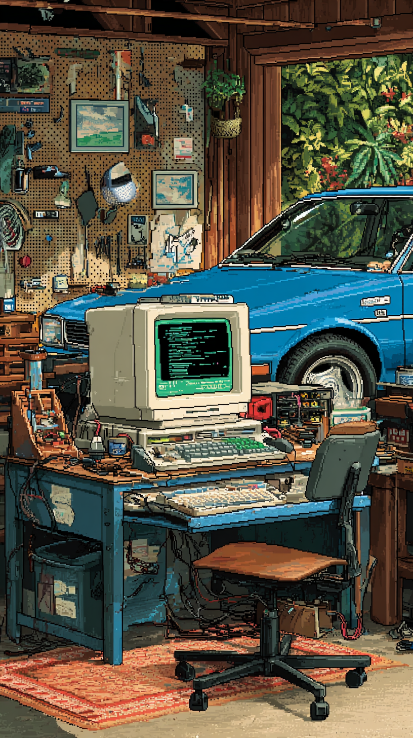 Retro 1980s Silicon Valley garage workspace representing older iPhone optimization in Version 1.41
