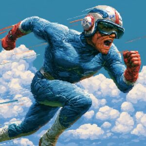 Pixel-art Speedrunner superhero CEO sprinting through the clouds