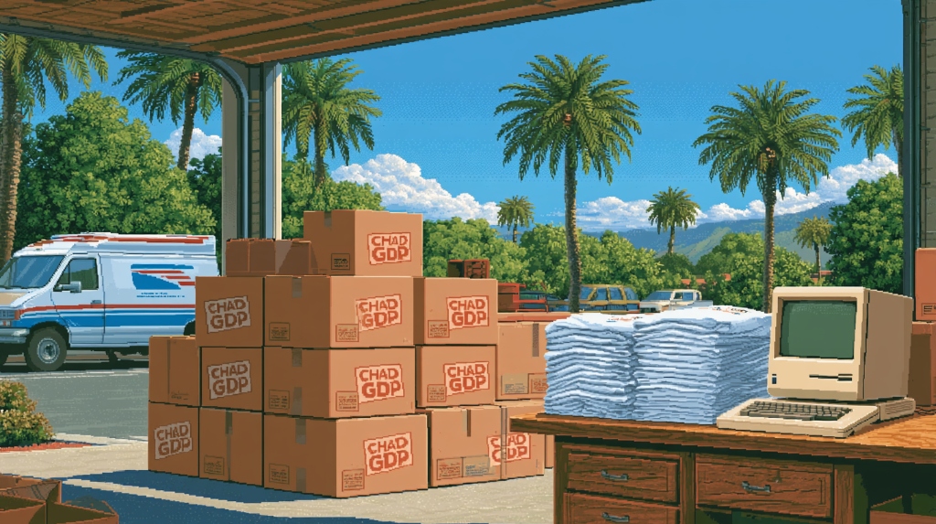 1980s retro pixel art scene of Silly Con Valley startup garage fulfillment with CHAD GDP boxes and classic computer