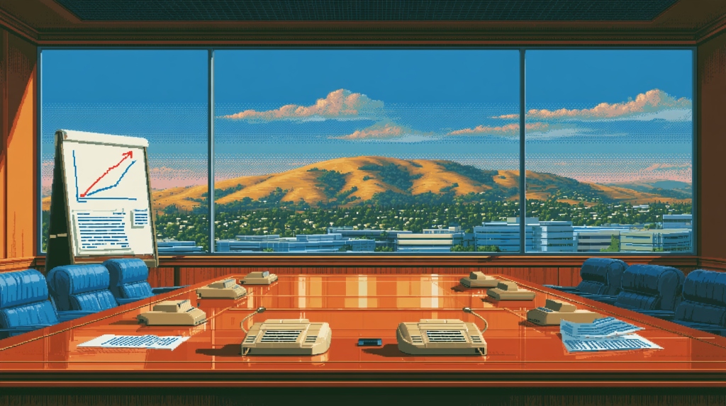 1980s Sand Hill Road VC boardroom overlooking sunny Silicon Valley hills