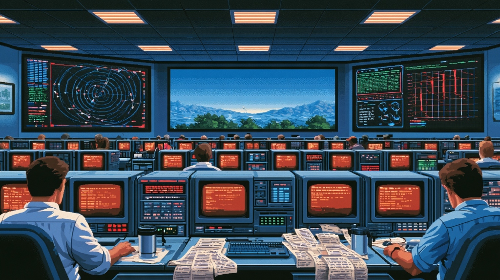1980s mission control operations room tracking Silly Con Valley release history and flight telemetry