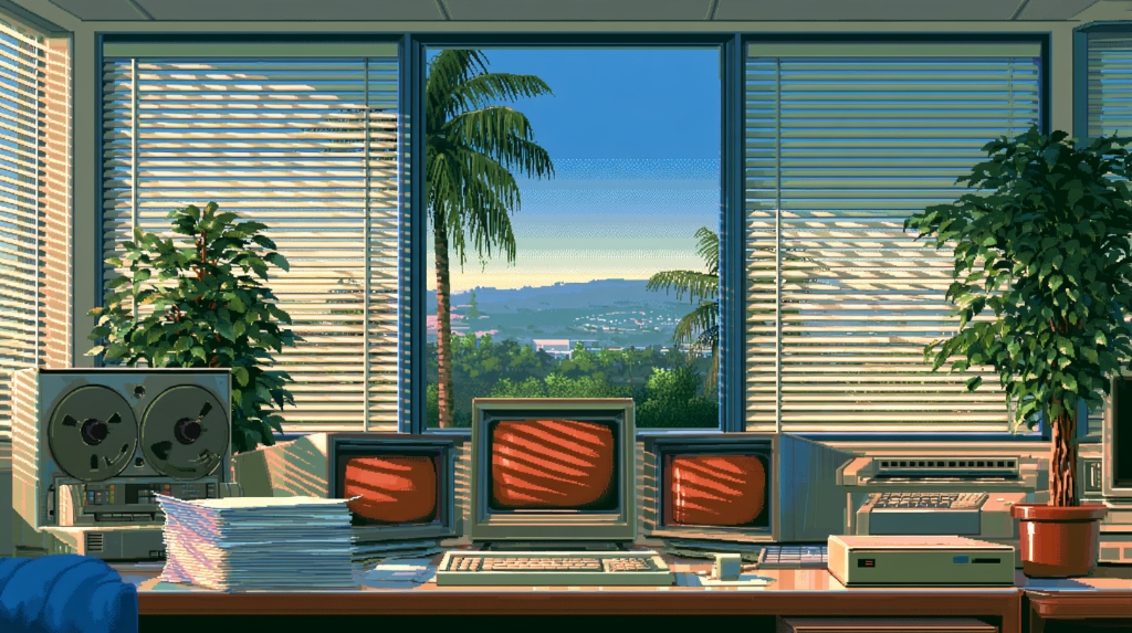 1980s Silicon Valley mainframe computer lab with magnetic tape reels, CRT terminals, and sunny California hills