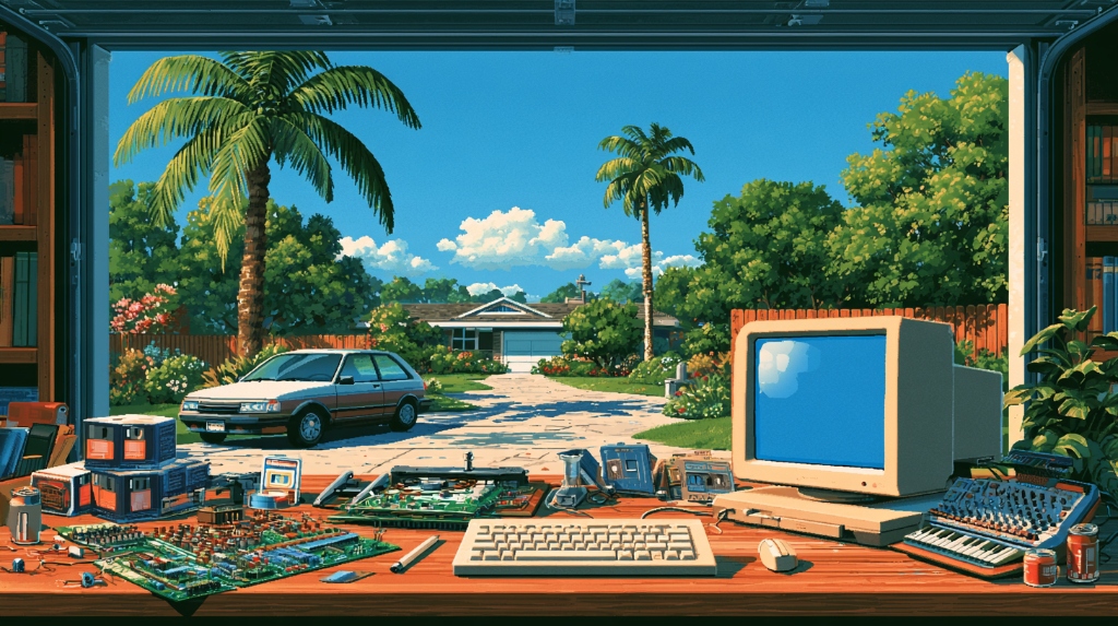 1980s Cupertino garage startup workshop with prototype computer and palm trees outside