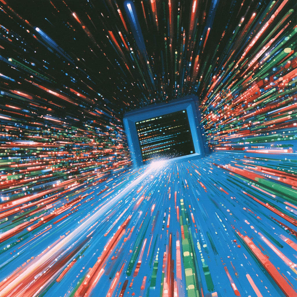 Retro computer terminal emitting hyperdrive warp speed light beams representing Swift structured concurrency