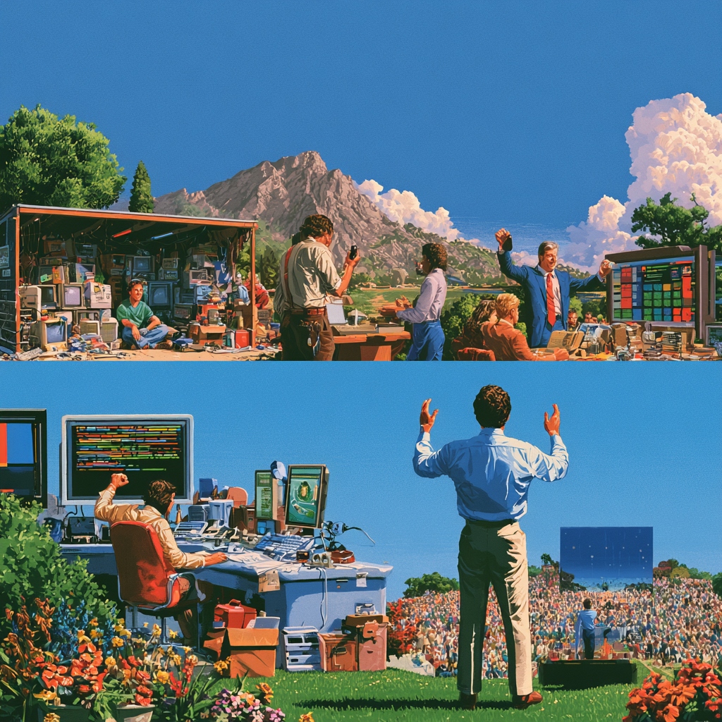 Split screen depicting the journey from garage founder to a mega-crowd arena keynote and Valley Immortal status