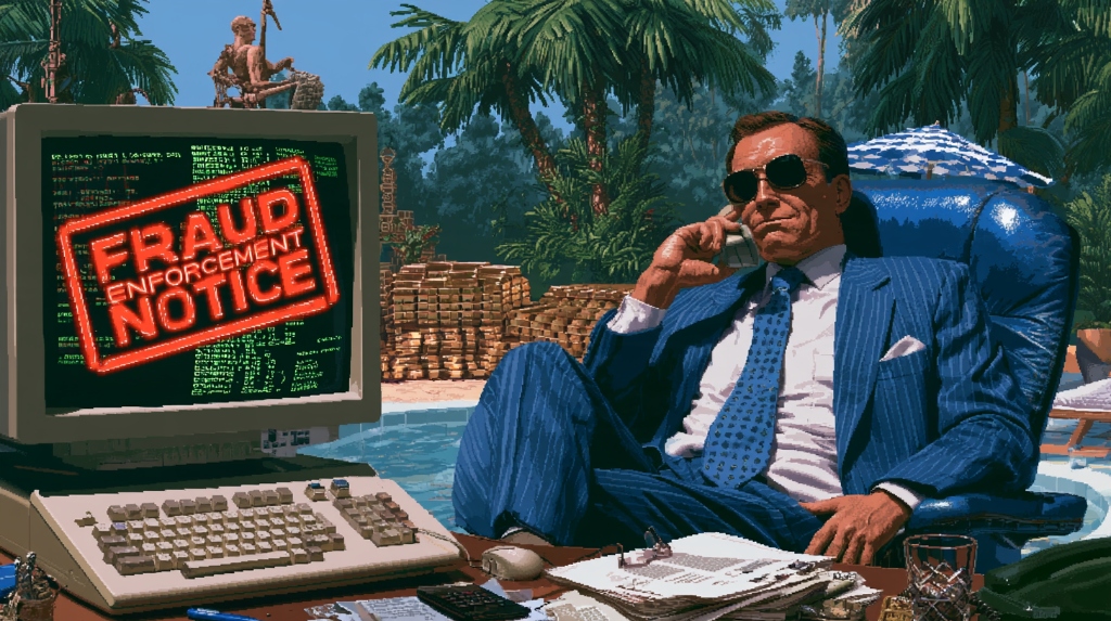 Smug founder in blue suit by swimming pool with gold bars and CRT monitor flashing Fraud Enforcement Notice